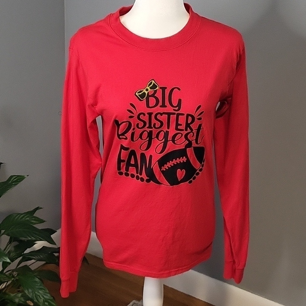 Hanes Big Sister Biggest Fan Football Cheerleader Red Black Long Sleeve Top Sz S